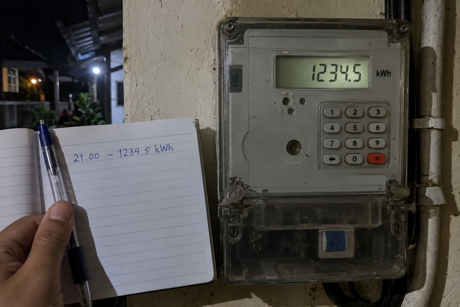 Jam 21.00, tepat sebelum AC dinyalakan: meteran token menunjukkan sisa 1234,5 kWh, langsung dicatat di buku.