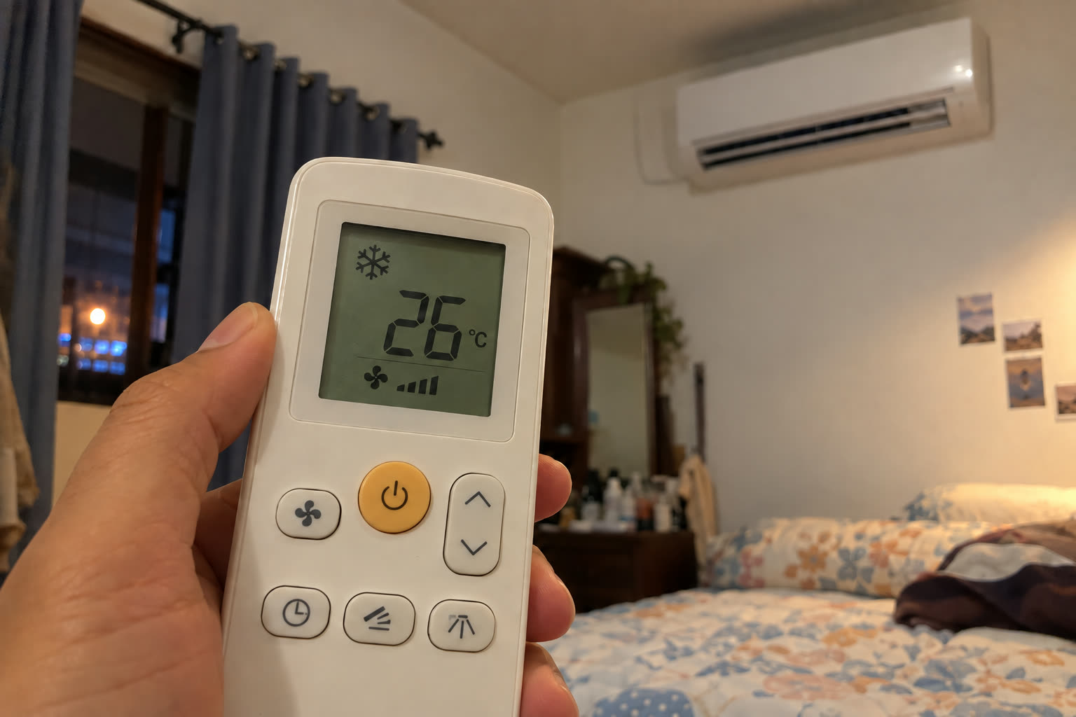 Tujuh malam berikutnya: hanya suhunya yang dinaikkan ke 26°C. Mode dan kecepatan kipas tetap sama supaya perbandingannya adil.