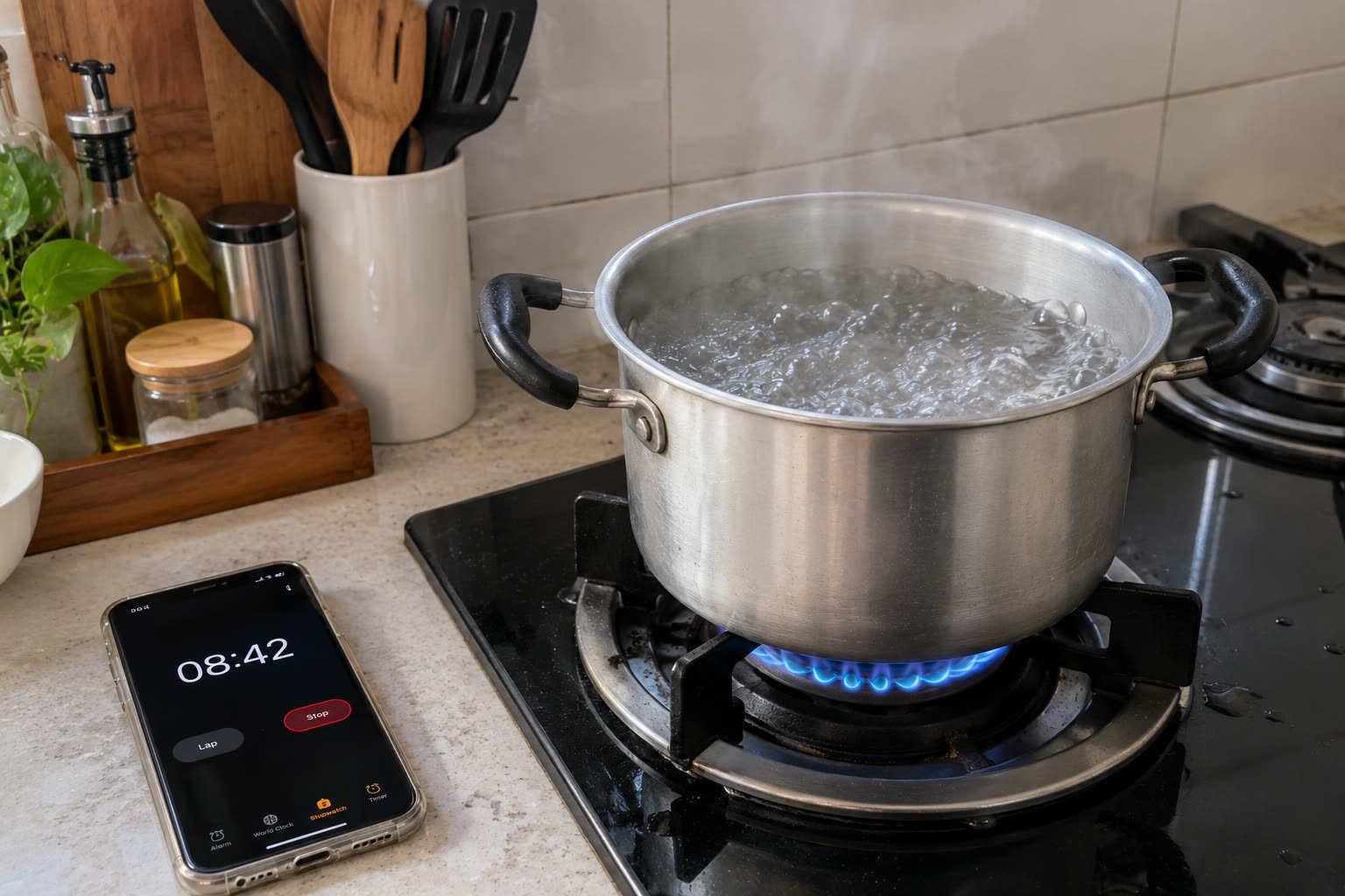 Stopwatch HP dijalankan sejak api menyala. Di contoh ini, satu panci air mendidih penuh setelah sekitar 8 menit 42 detik, dengan api biru yang tidak melebar keluar dari dasar panci.