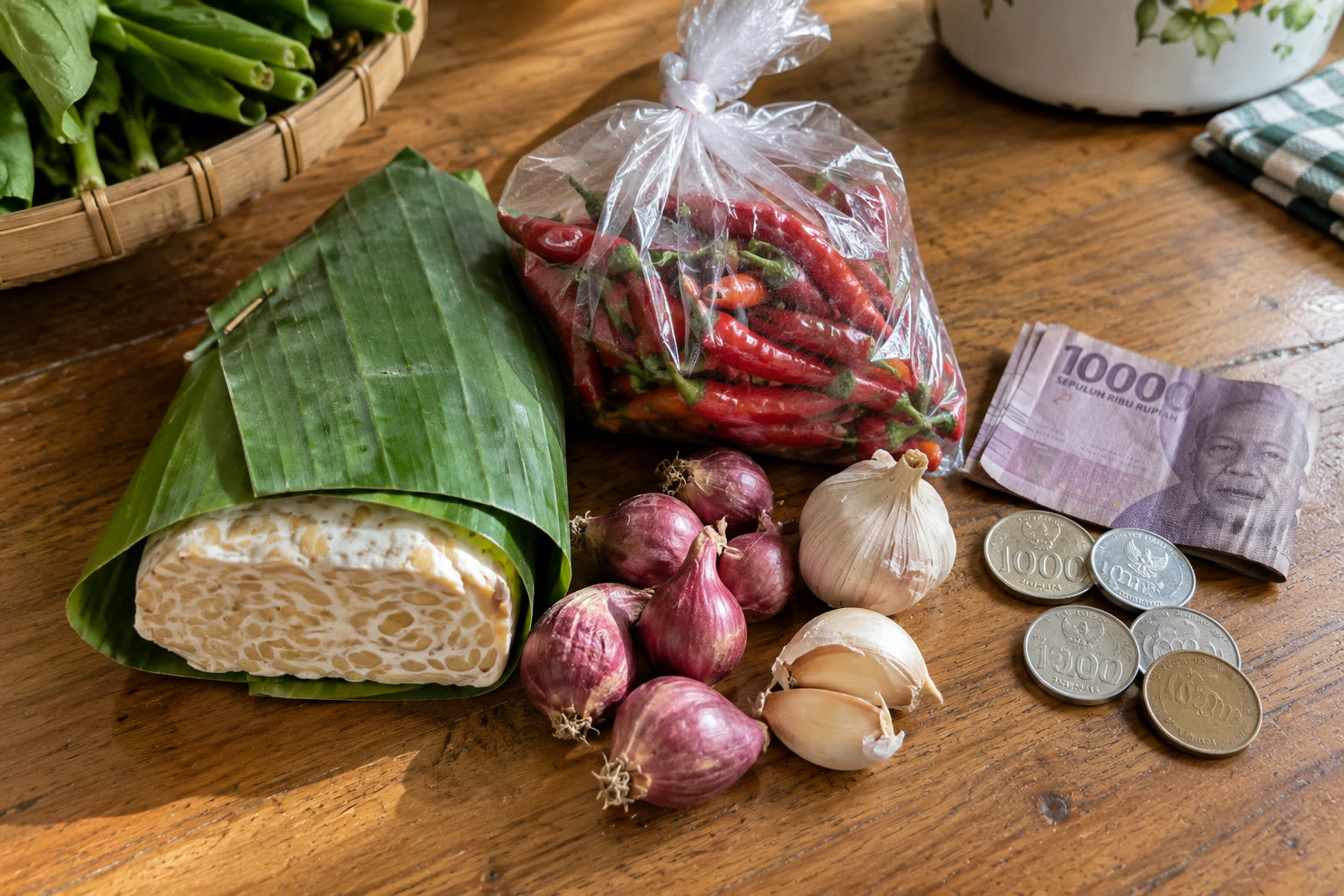 Belanja kecil khas pagi hari dari tukang sayur keliling: tempe, cabai, bawang merah, dan bawang putih, dengan uang kembalian di sebelahnya. Transaksi seperti ini jarang bernota, jadi harus dicatat begitu sampai rumah.