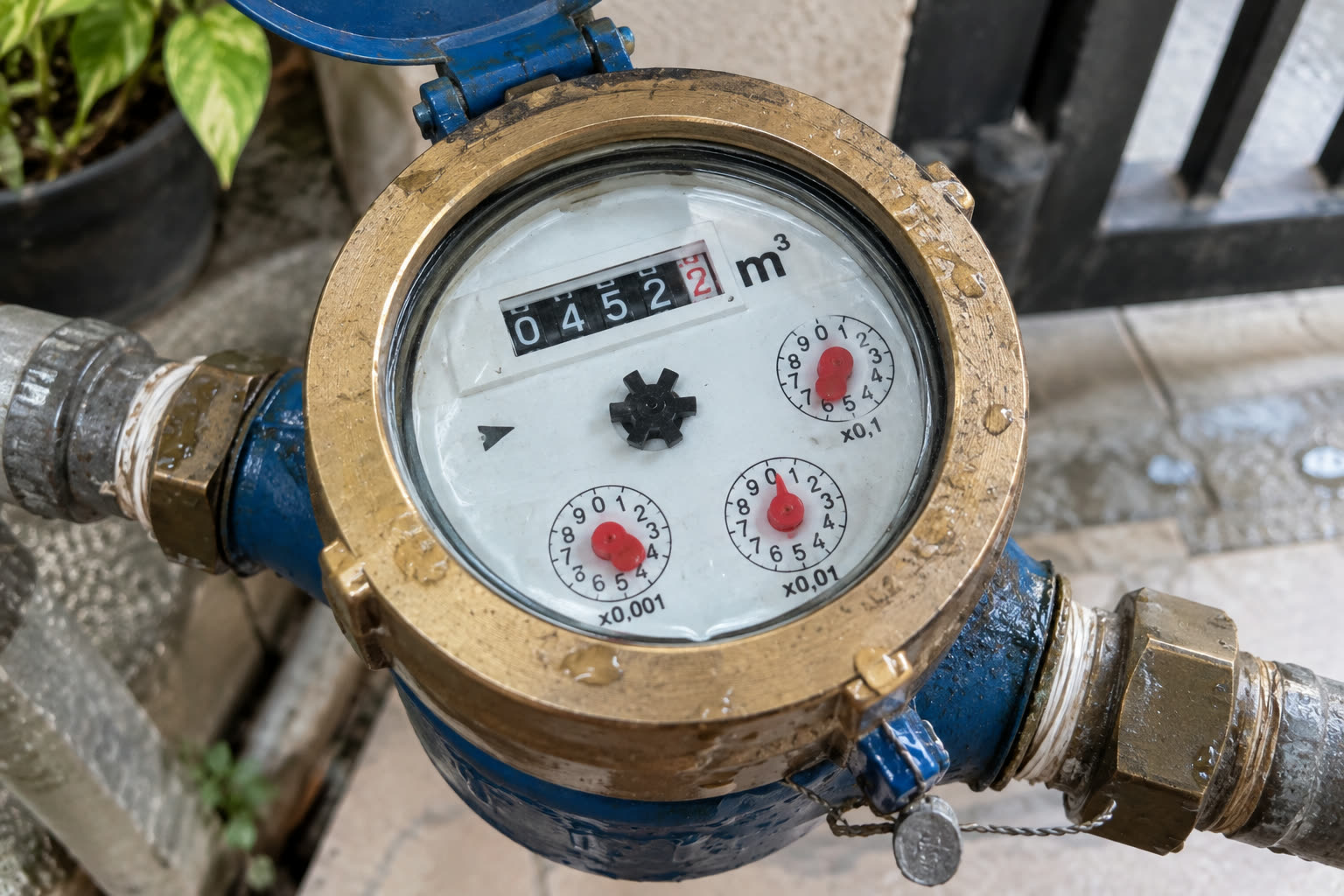 Meteran air PDAM: angka hitam menunjukkan meter kubik, digit merah dan tiga jarum kecil menunjukkan pecahannya (×0,1, ×0,01, dan ×0,001 m³). Jarum ×0,001 bernilai 1 liter per angka, jadi paling cepat menunjukkan kebocoran kecil.