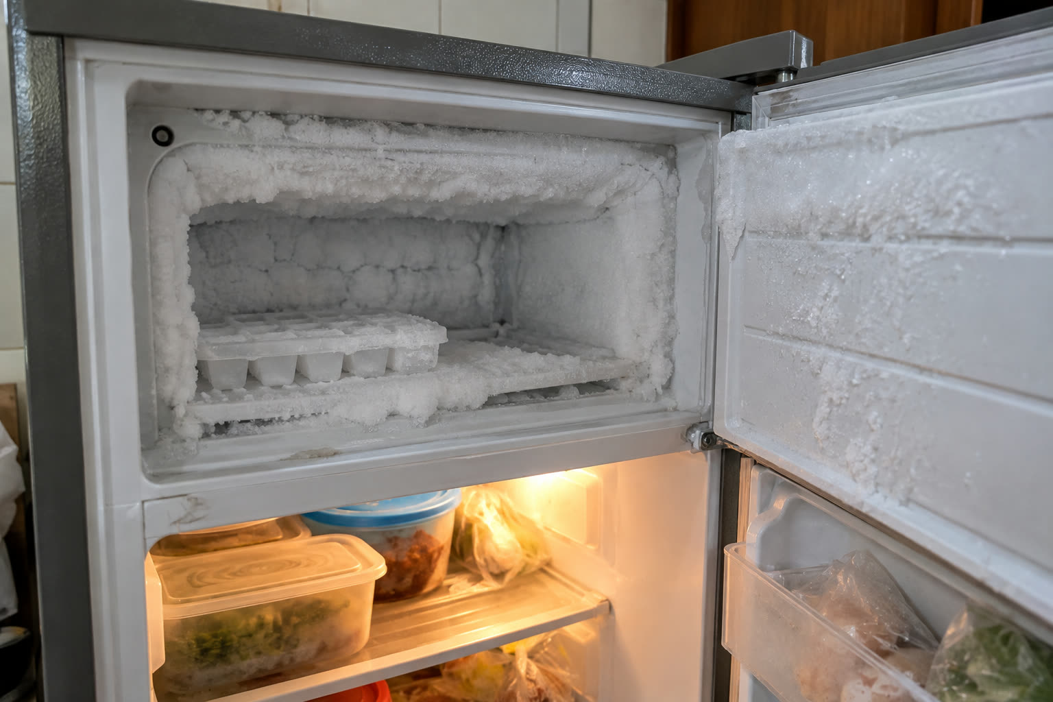 Freezer kulkas dua pintu yang lama tidak di-defrost: dinding, rak, dan kotak es batu tertutup bunga es tebal, sampai pintu freezer ikut bersalju di bagian dalamnya.