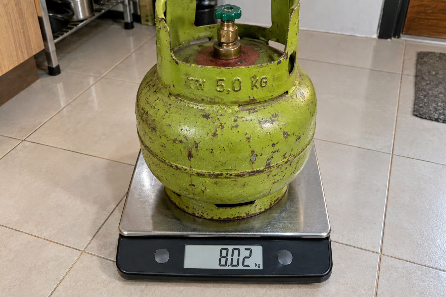 Tabung ber-TW 5,0 kg ditimbang sebelum dipasang: 8,02 kg. Dikurangi tara, isinya 3,02 kg, jadi tabung ini memang terisi penuh.