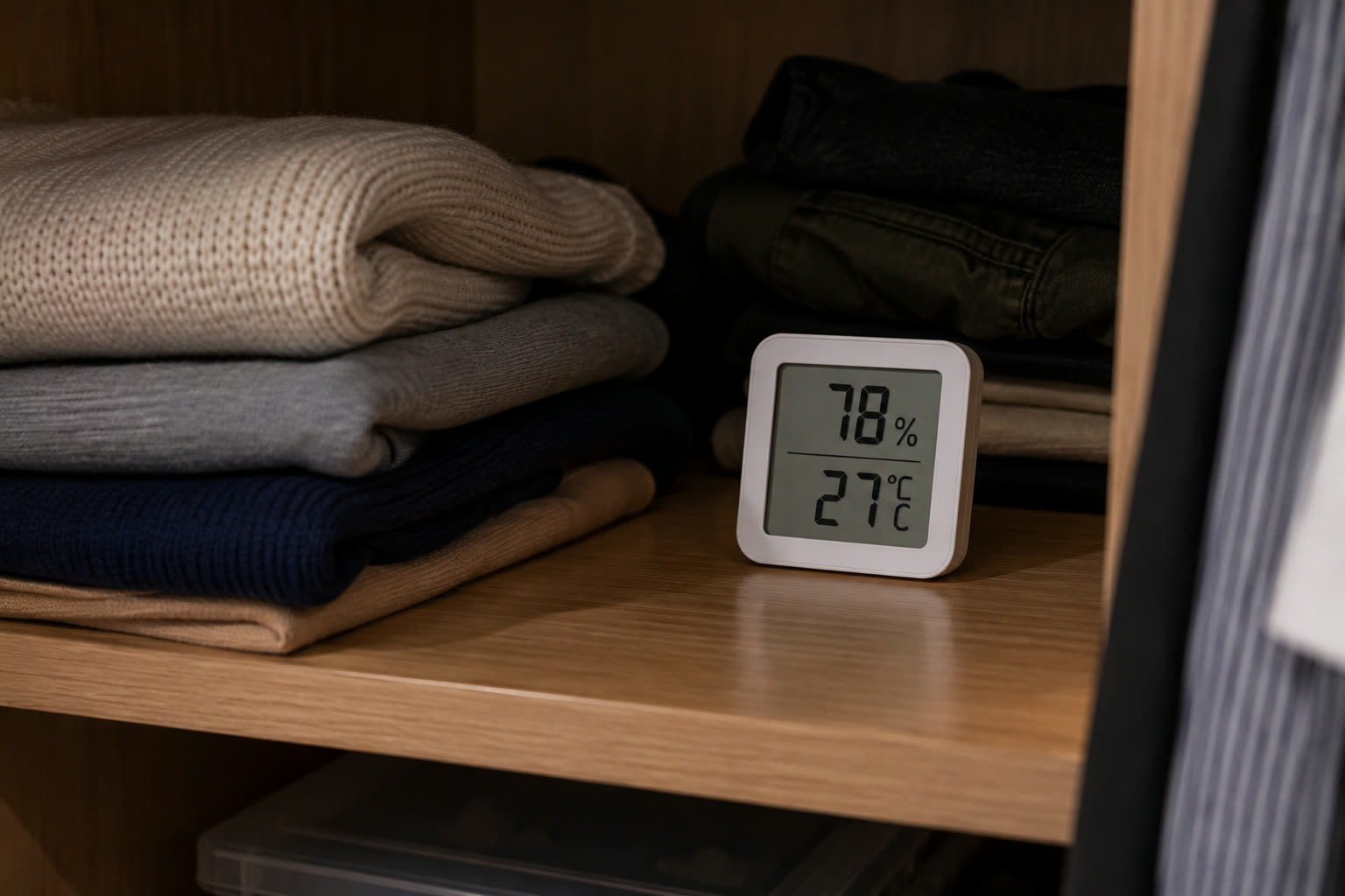 Higrometer di rak lemari yang tertutup menunjukkan kelembapan 78 persen pada suhu 27°C, jauh di atas batas yang disarankan. Baca angkanya setelah pintu lemari tertutup minimal satu jam.