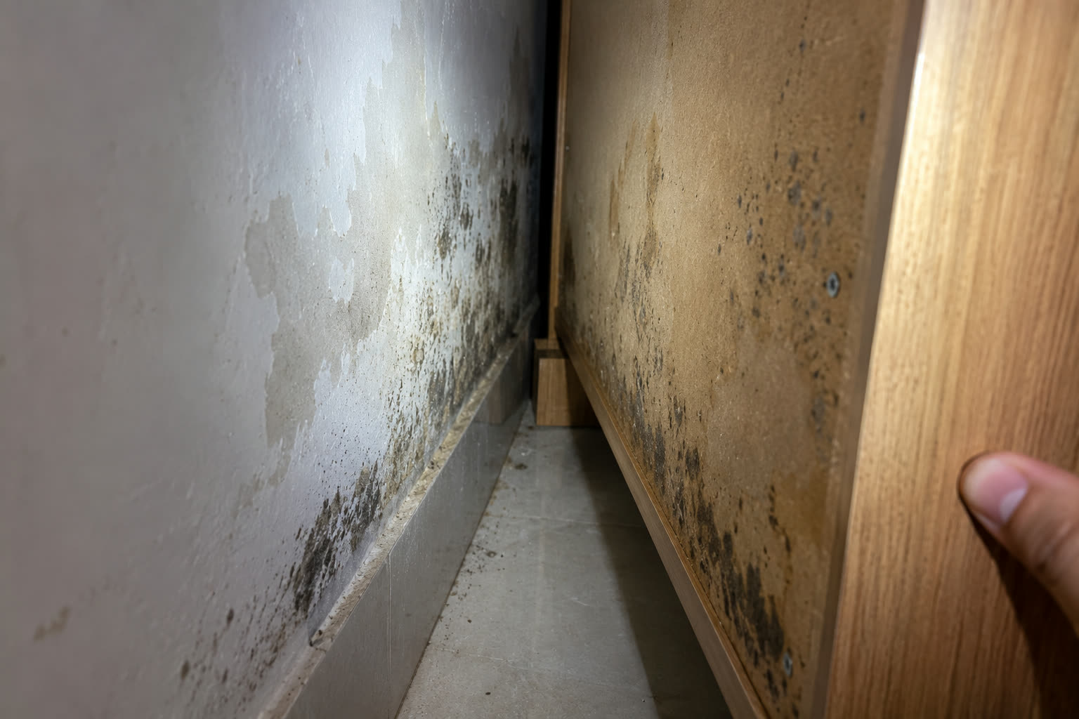 Dinding dan papan belakang lemari setelah lemari digeser: bintik jamur hitam dan noda lembap menyebar di bagian bawah, tepat di celah sempit tempat udara nggak bergerak.