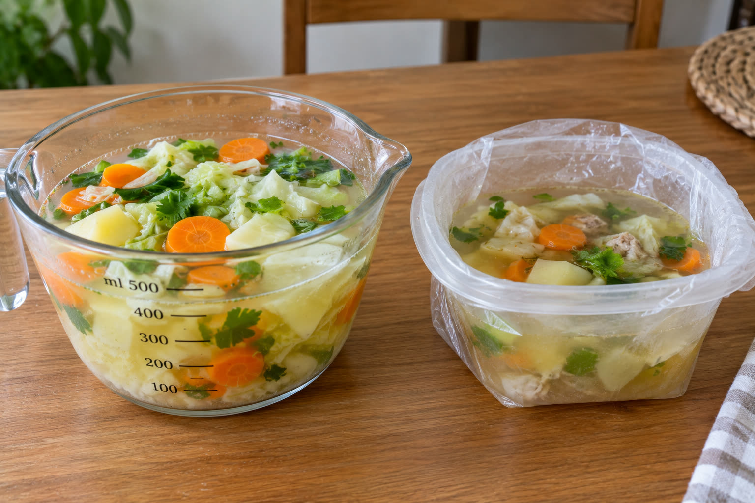 Satu porsi sayur sop masakan sendiri di mangkuk takar, berdampingan dengan seporsi sayur sop dari warung. Isi dan banyaknya kuah bisa langsung dibandingkan.