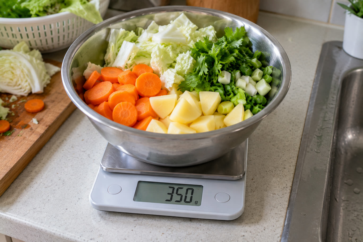 Bahan sayur sop yang sudah dipotong ditimbang sebelum dimasak: 350 gram. Nol-kan dulu timbangan dengan mangkuk kosong di atasnya, supaya yang terbaca hanya berat bahan.
