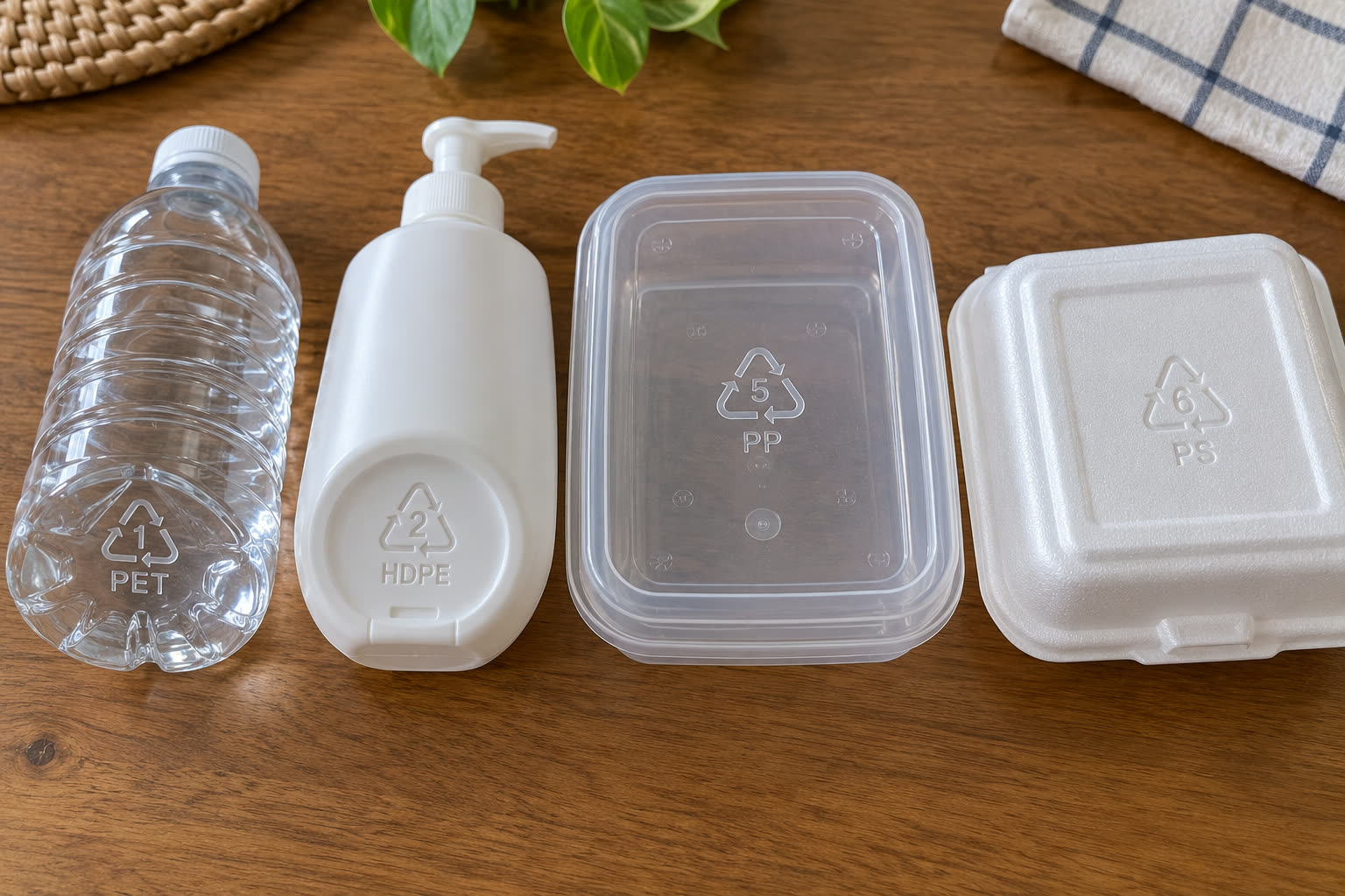 Contoh barang plastik di rumah beserta kodenya: botol air mineral (1, PET), botol sabun cair (2, HDPE), kotak makan (5, PP), dan kotak styrofoam (6, PS).