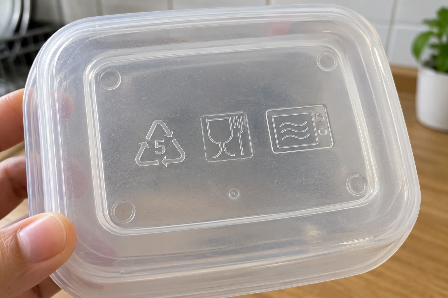 Tiga simbol berbeda di bawah satu wadah: kode jenis plastik 5, simbol gelas dan garpu (boleh bersentuhan dengan makanan), dan simbol microwave. Tanpa dua simbol terakhir, angka 5 saja belum cukup.