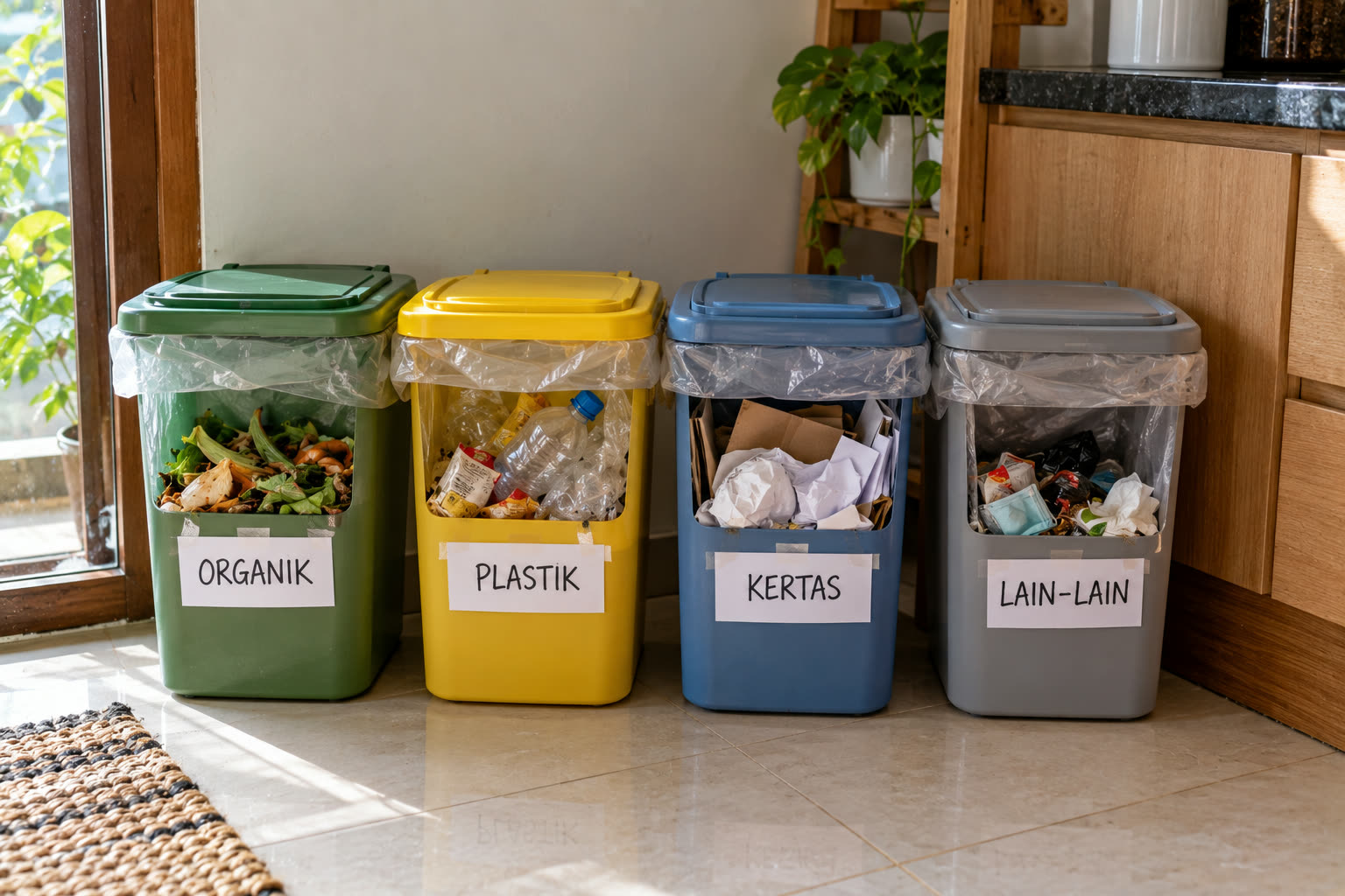 Empat tempat sampah berlabel berjajar di pojok dapur: organik, plastik, kertas, dan lain-lain. Label yang besar dan jelas membantu semua penghuni rumah memilah tanpa perlu bertanya.