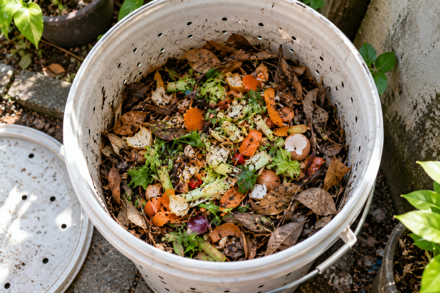 Komposter sederhana dari ember plastik yang dilubangi di sekelilingnya, berisi campuran potongan sayur, kulit buah, cangkang telur, dan daun kering. Tutupnya juga dilubangi supaya udara tetap bisa masuk.