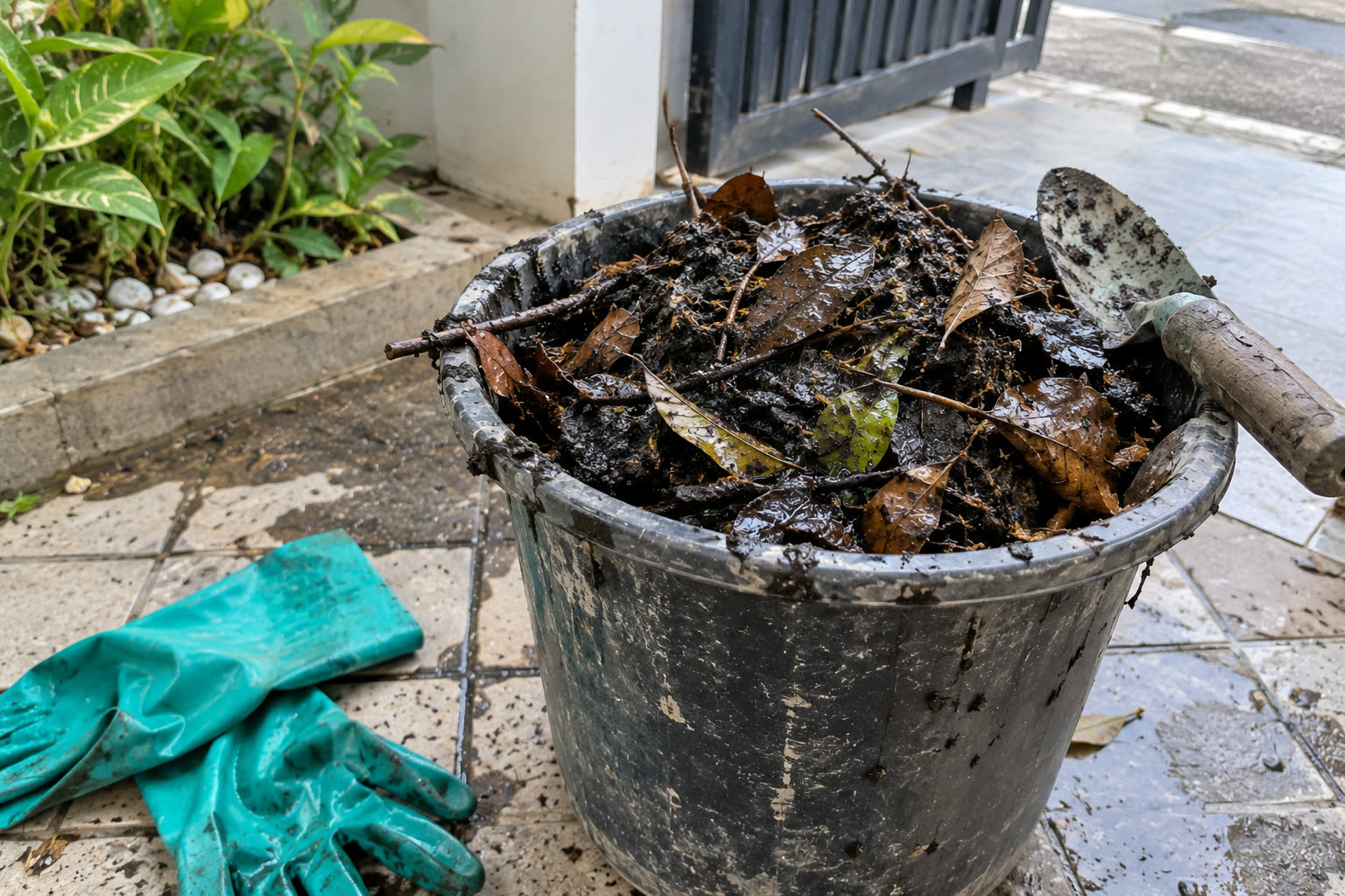 Kotoran dari talang dan got dikumpulkan di ember: daun busuk, ranting, dan lumpur hitam yang sudah padat. Pakai sarung tangan karet tebal, karena campuran ini sering menyembunyikan paku atau pecahan genteng.