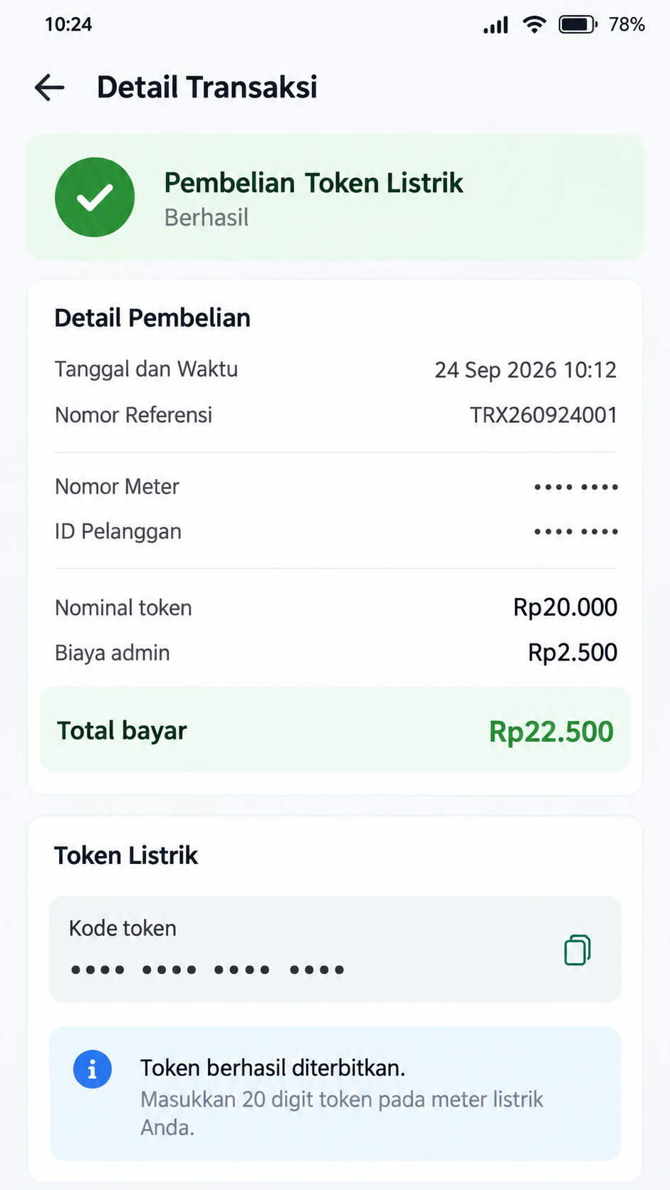Rincian pembelian token di aplikasi: nominal Rp20.000 ditambah biaya admin Rp2.500, total bayar Rp22.500. Nomor meter, ID pelanggan, dan kode token disamarkan sebelum tangkapan layar disimpan atau dibagikan.