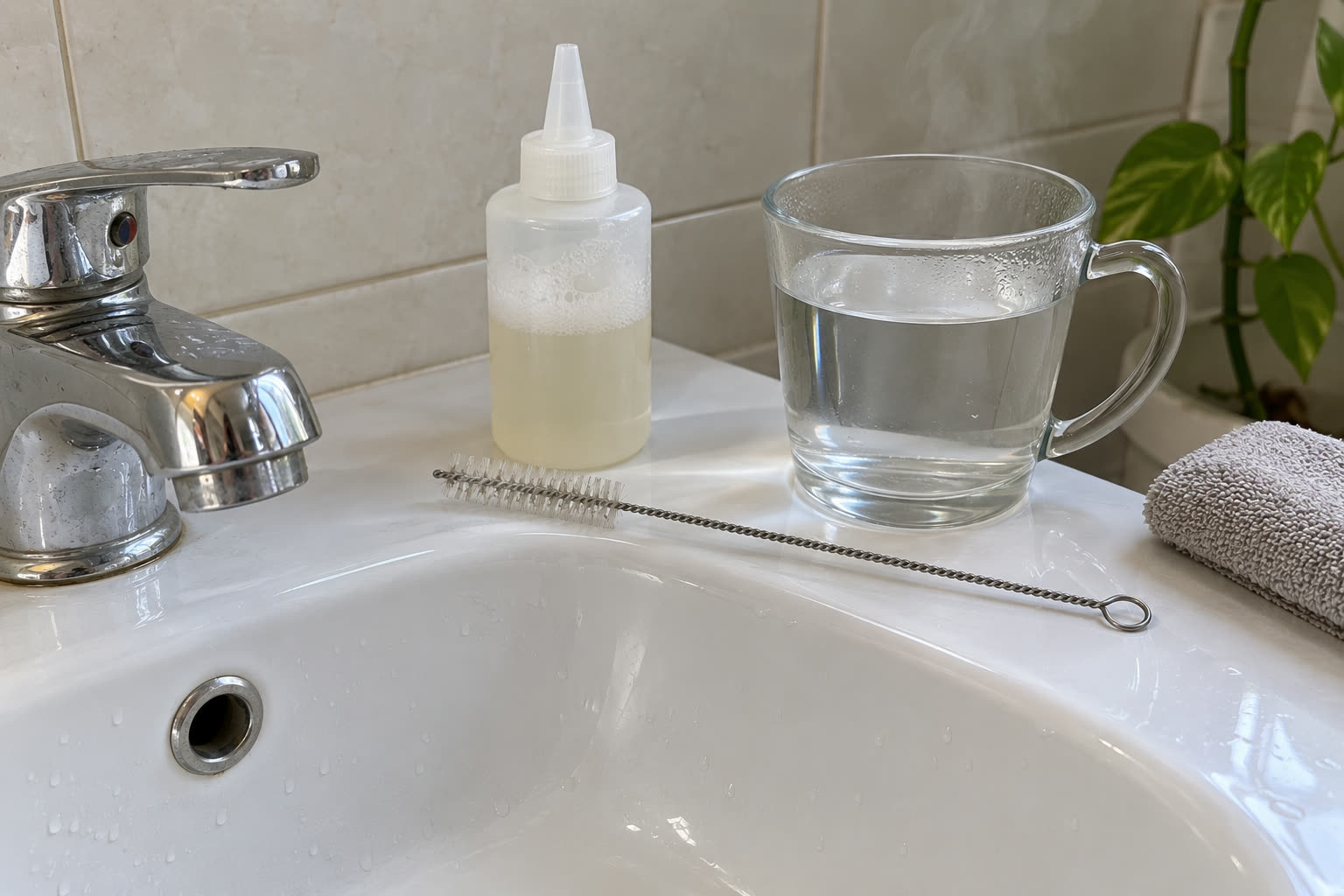 Alat sederhana untuk membersihkan lubang overflow: sikat sedotan yang lentur, botol berisi air sabun, dan segelas air hangat.
